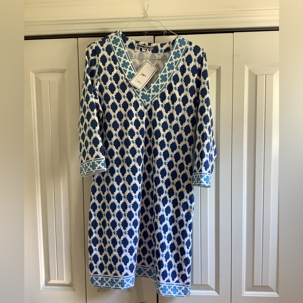 Barbara Gerwit Brand New  Classic Navy & White Printed V-Neck Dress